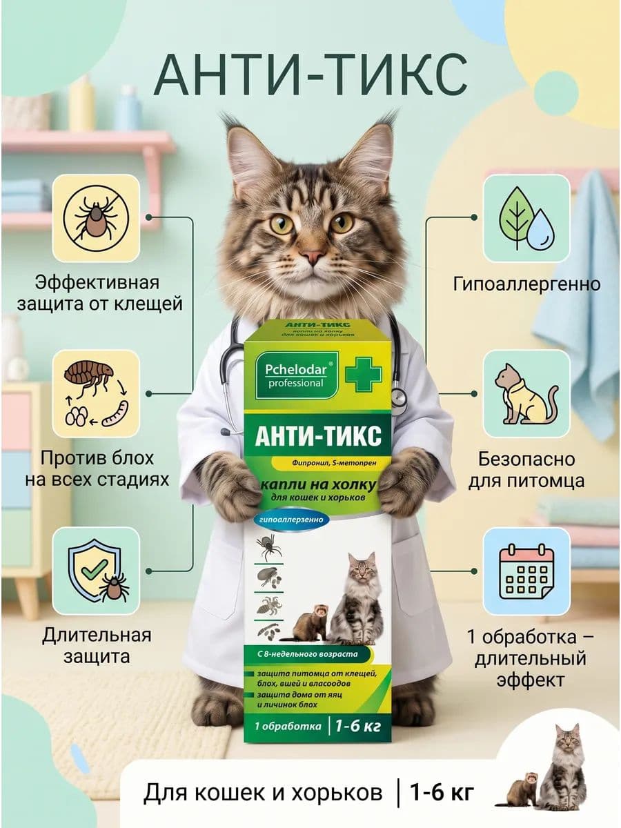 Анти-тикс Капли от блох для кошек, хорьков, 1 пипетка 0,4 мл Пчелодар