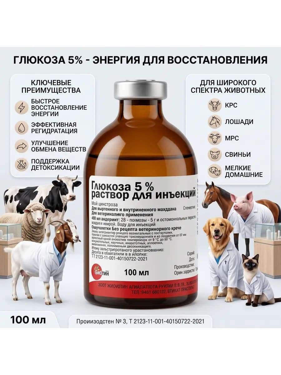 Глюкоза 5% для животных 100мл