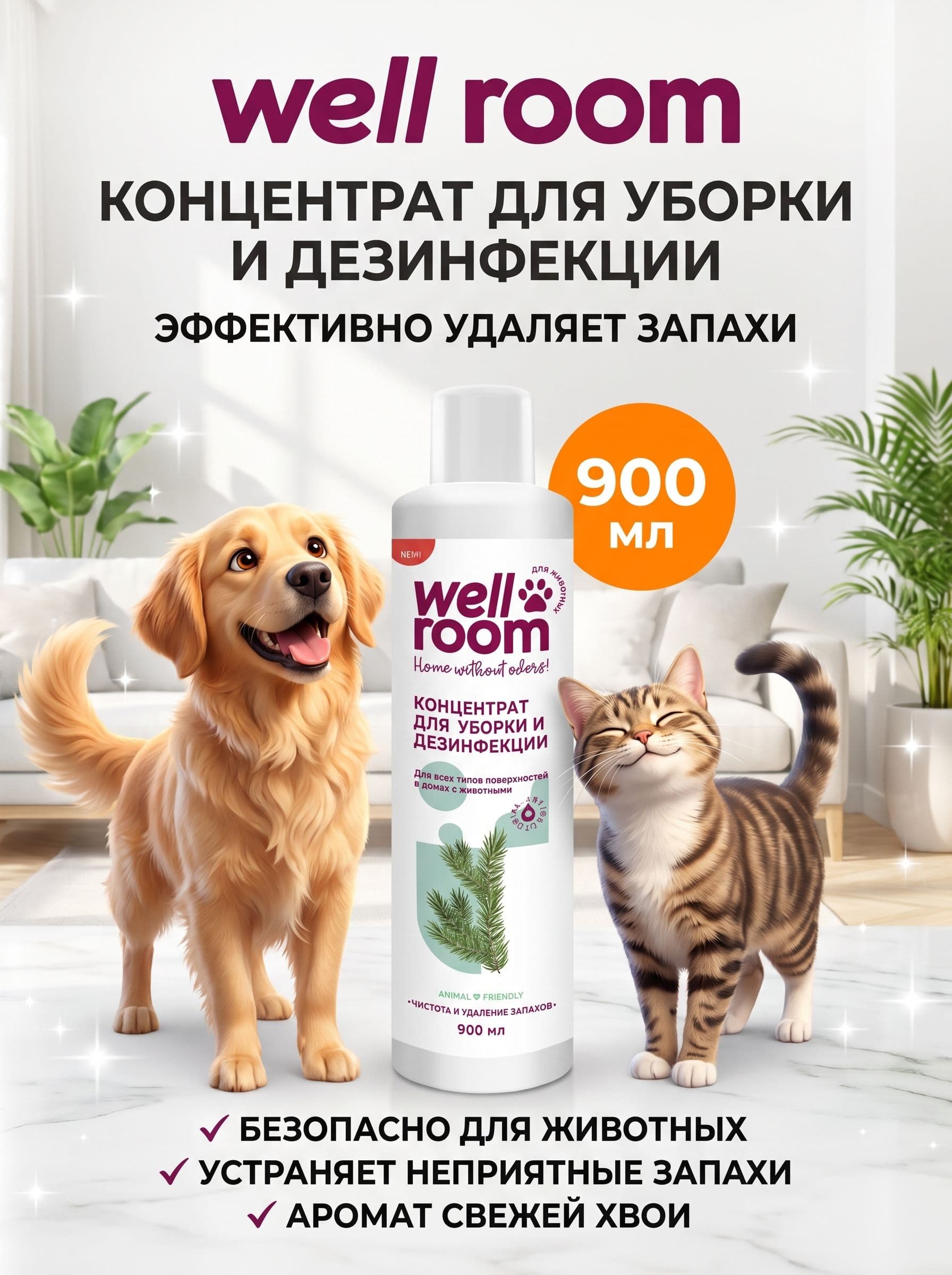 Wellroom Ср-во для уборки и дезинфекции концентрированное 900 мл, Хвоя (611234) (до 10.2028)