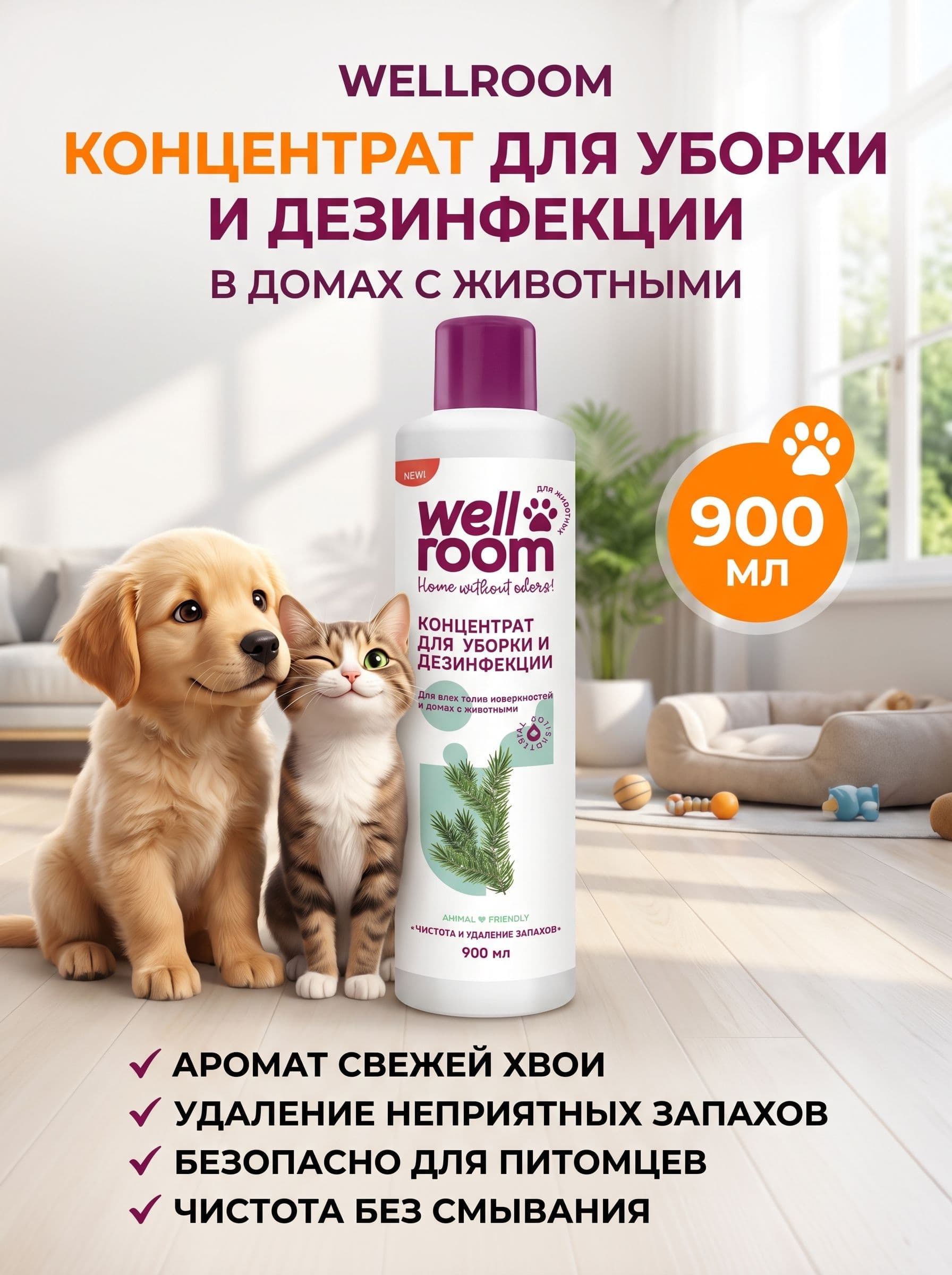 Wellroom Ср-во для уборки и дезинфекции концентрированное 900 мл, Хвоя (611234) (до 10.2028)