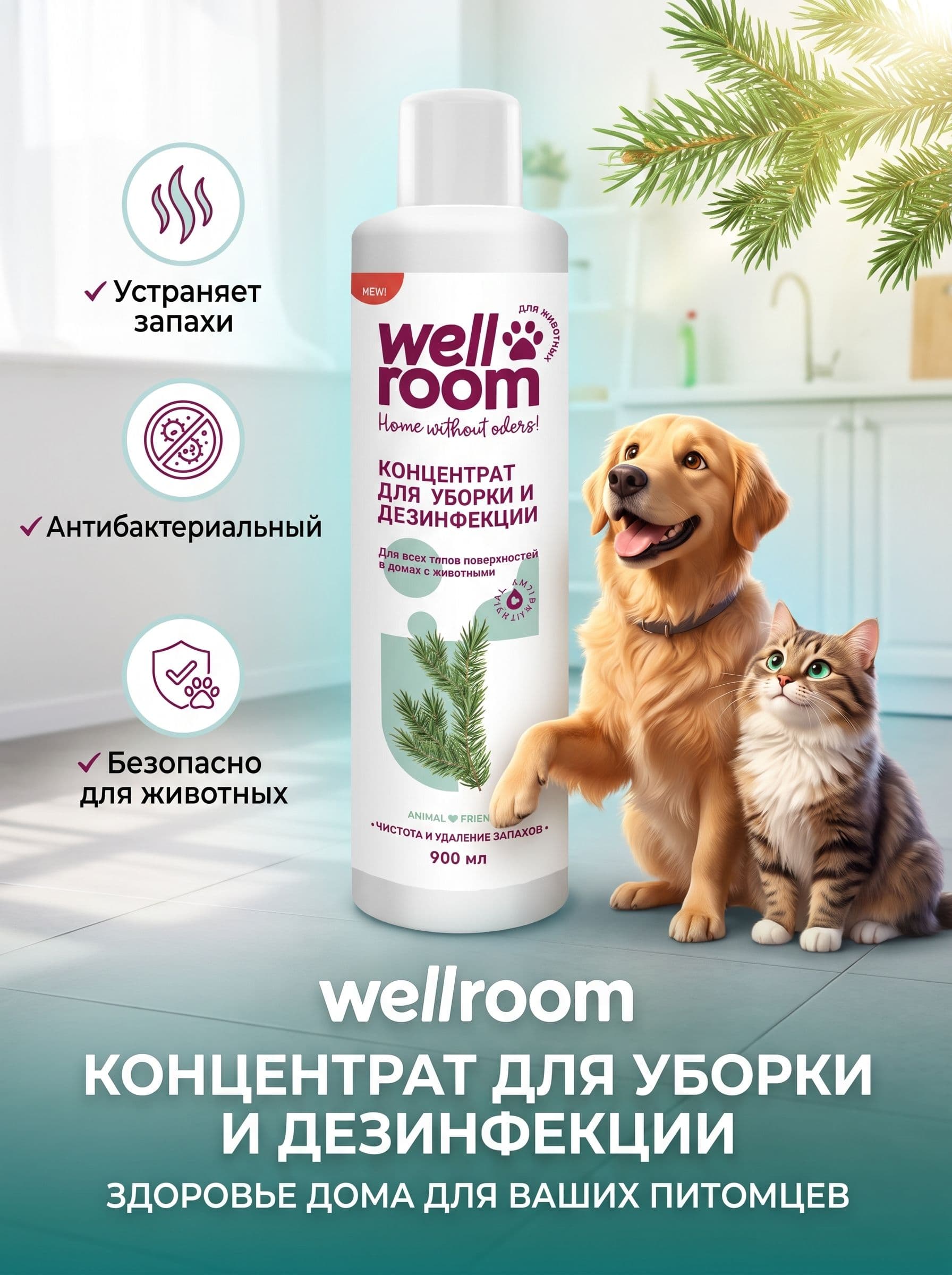 Wellroom Ср-во для уборки и дезинфекции концентрированное 900 мл, Хвоя (611234) (до 10.2028)