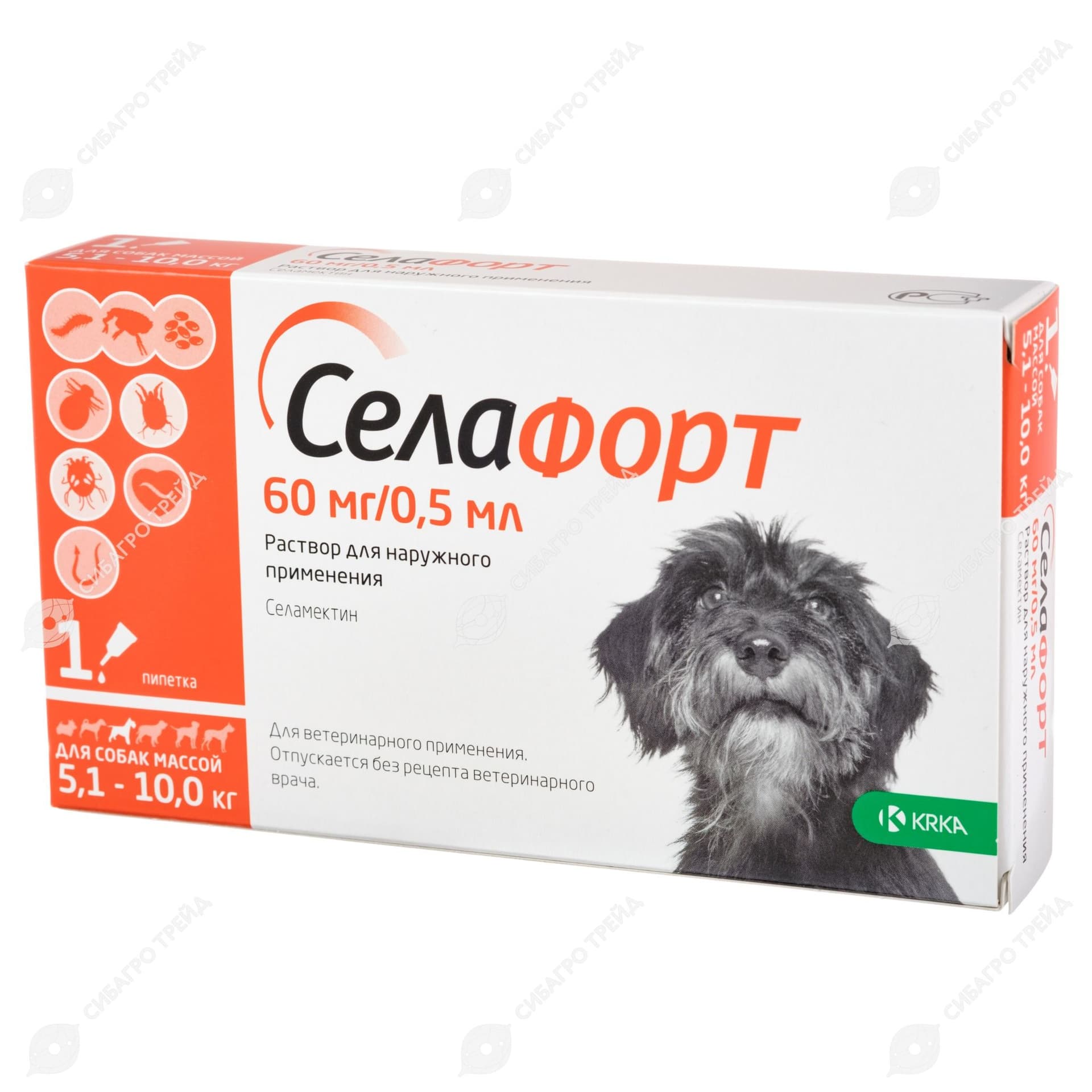 Селафорт капли на холку от блох и клещей для собак массой 5,1 10 кг, 1 пипетка 60 мг / 0,5 мл