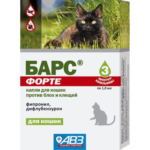 Капли Барс Форте для кошек против блох и клещей, 3 пип. по 1,0 мл