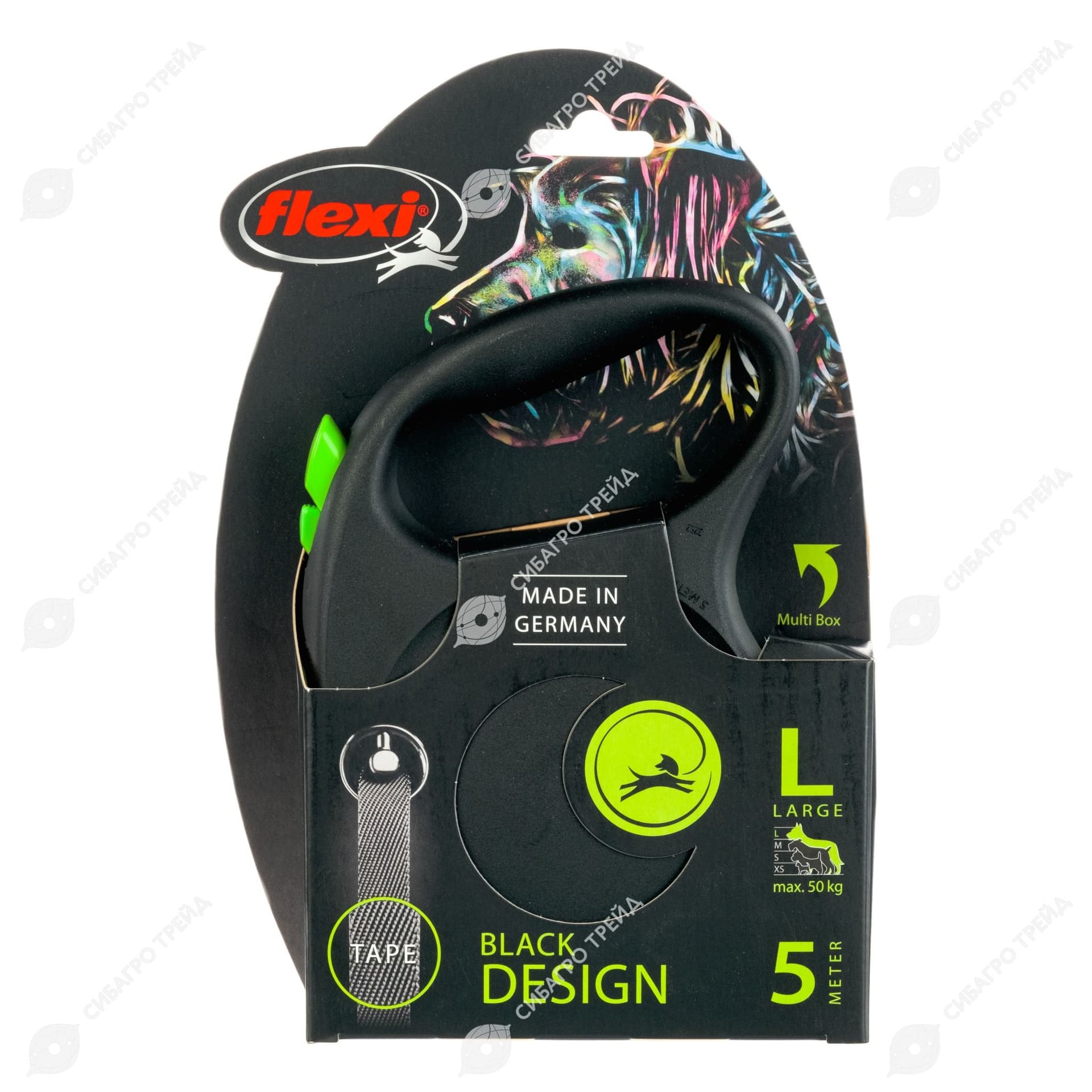 Рулетка Флекси Black Design L 5м, до 50кг ремень(зелен)