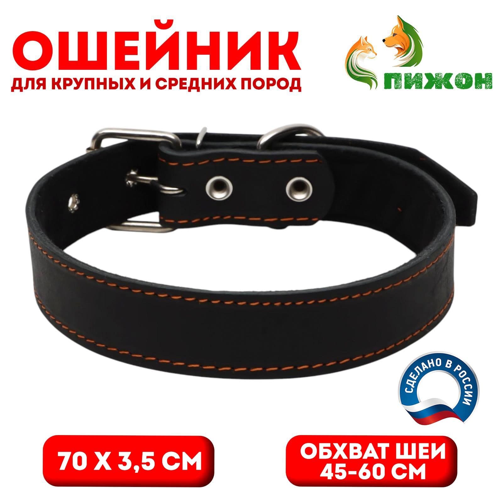 Ошейник кожаный на синтепоне, 70*3,5 см, ОШ 45-60 см, чёрный