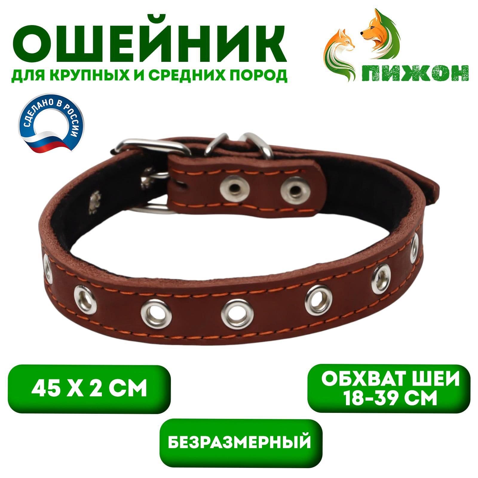 Ошейник кожаный на синтепоне, безразмерный, 45 2 см, ОШ 18-39 см, коричневый