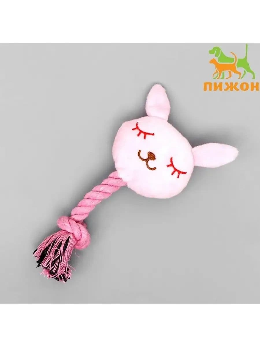 Игрушка мягкая для собак "Зайка с канатом", с пищалкой, 18 см, розовая