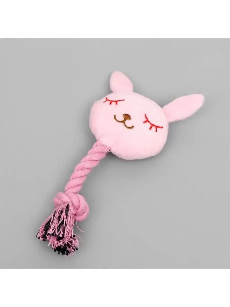Игрушка мягкая для собак "Зайка с канатом", с пищалкой, 18 см, розовая