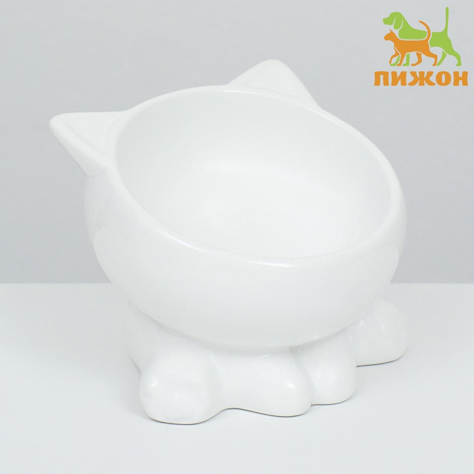 Миска для кошек и собак керамическая "Киса", кормушка для животных на подставке 200 мл 13 х 12 х 8 см, белая