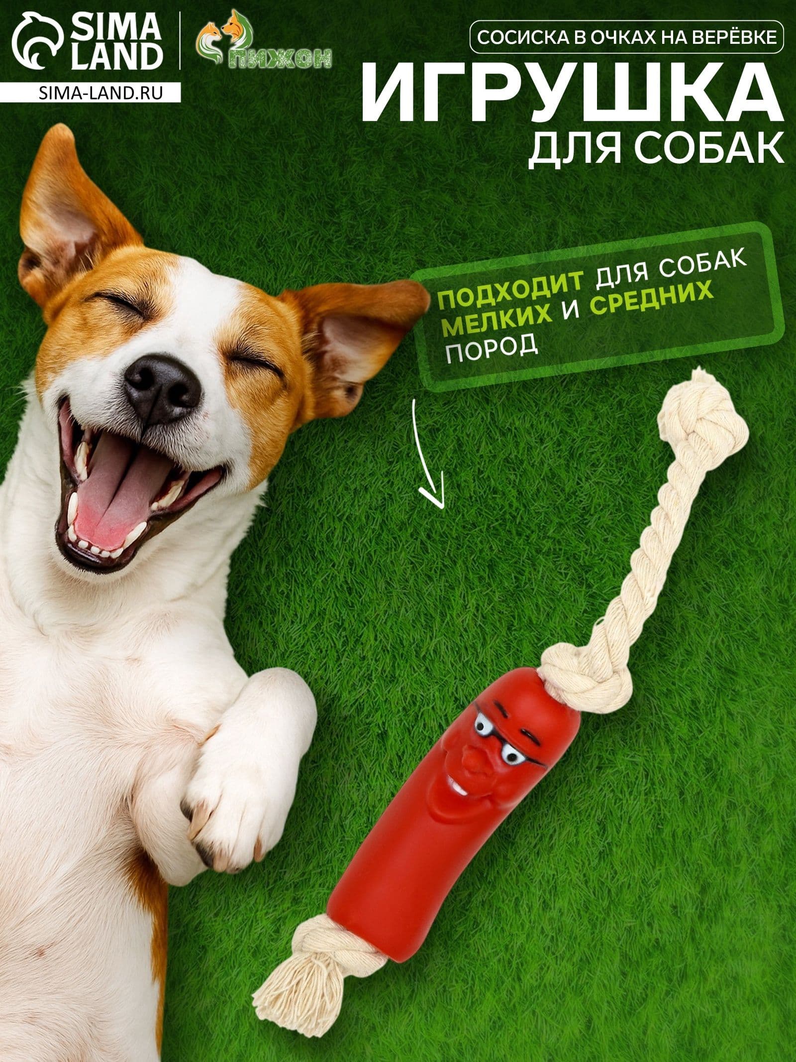 Игрушка Сосиска в очках на верёвке для собак, 14 см