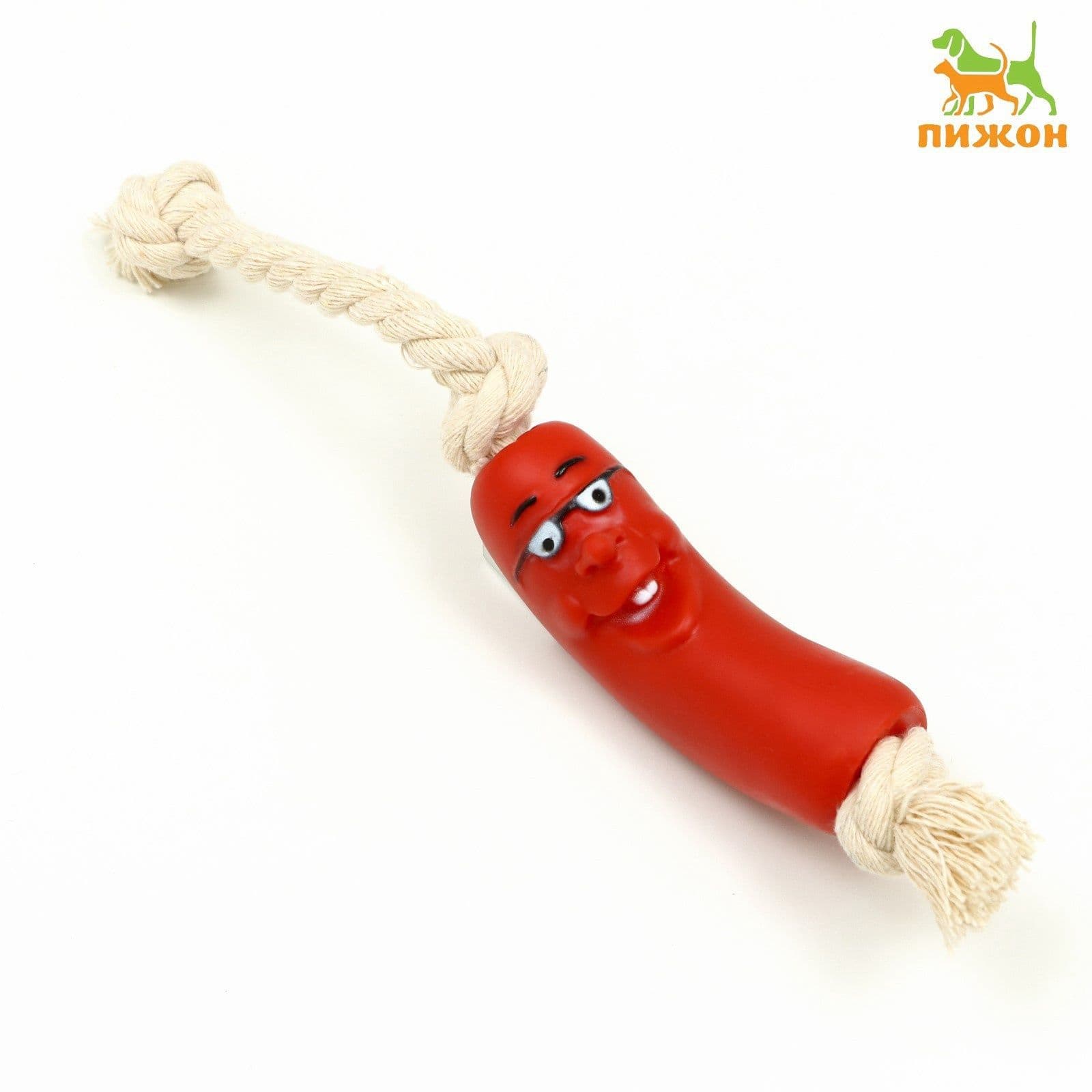 Игрушка Сосиска в очках на верёвке для собак, 14 см