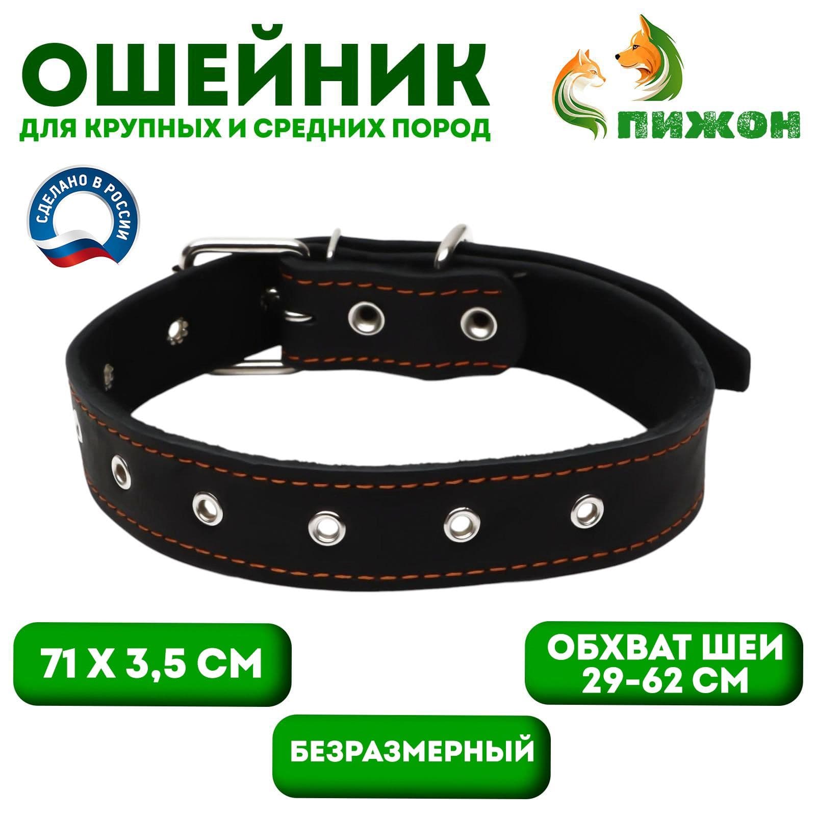 Ошейник кожаный на синтепоне, безразмерный, 71 3.5 см, ОШ 29-62 см, чёрный