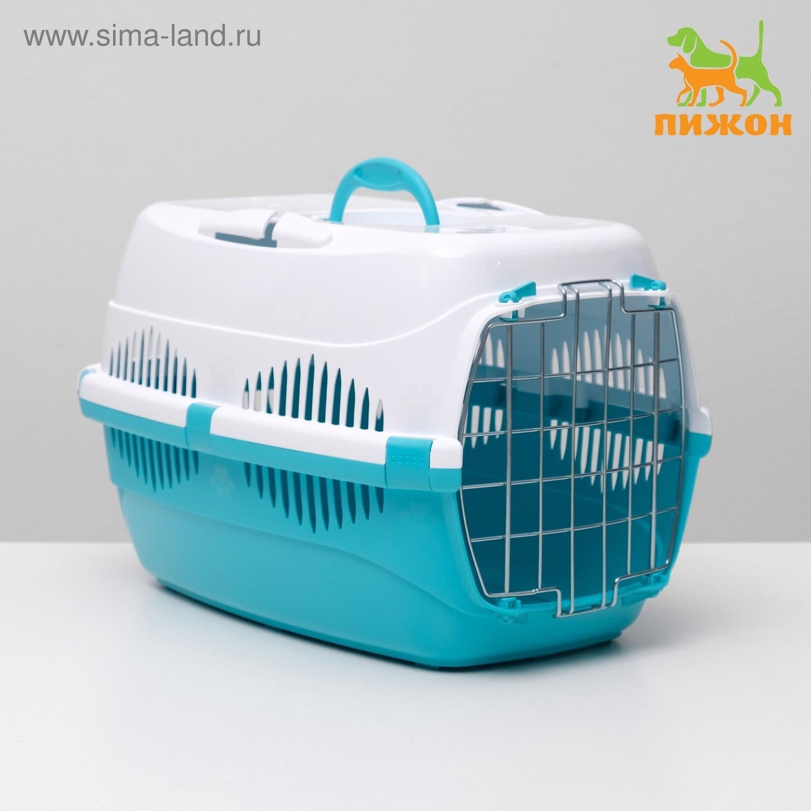 Переноска для животных до 12 кг Пижон 49 33 32 см, металлическая дверь, бело-бирюзовая