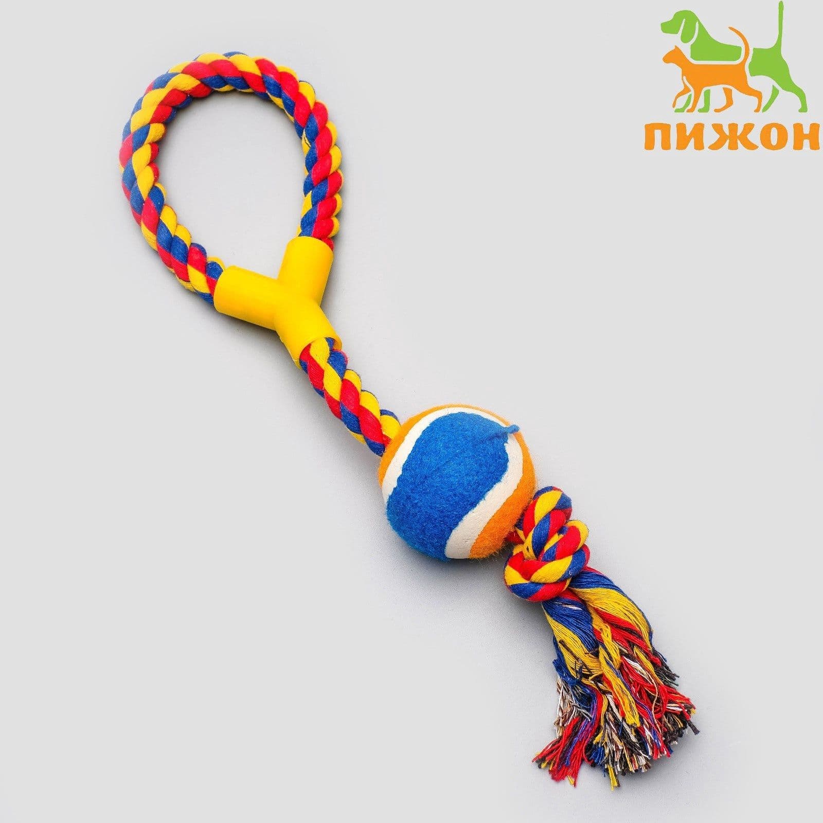 Игрушка канатная с ручкой и мячом, до 150 г, до 35 см.