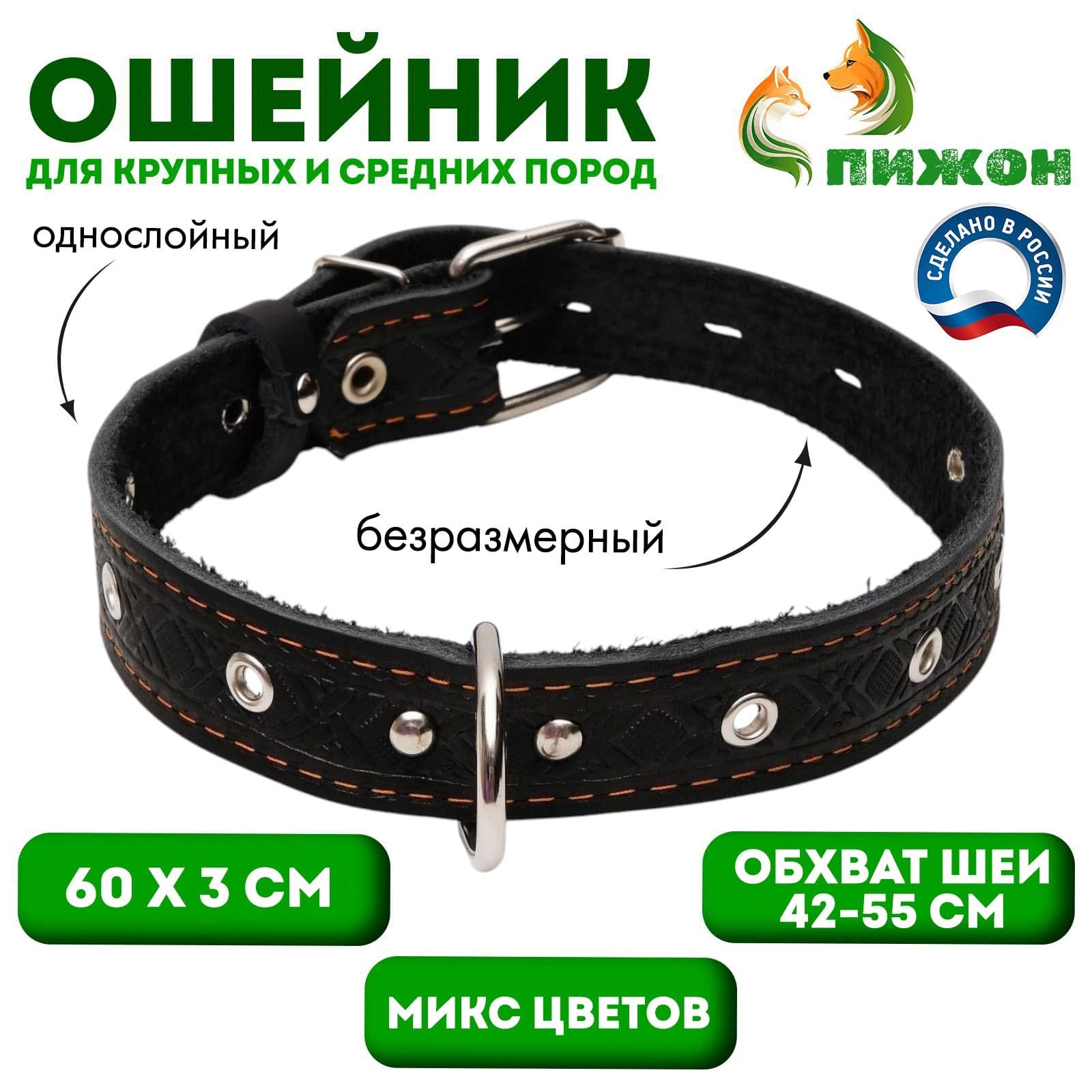 Ошейник кожаный тисненый однослойный, безразмерный, 3 х 60 см, ОШ 42-55 см