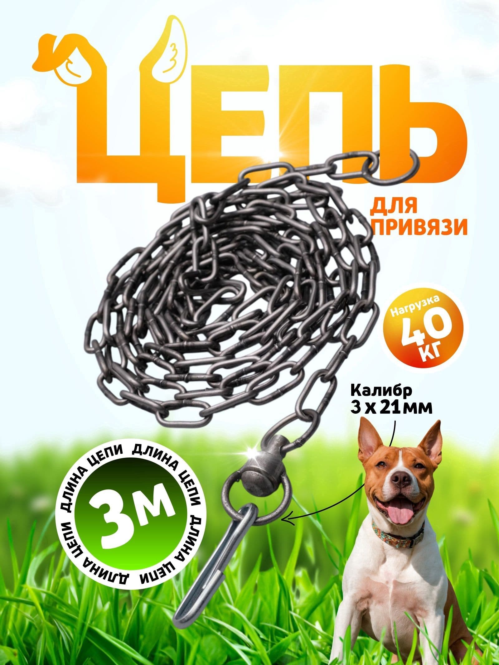 Цепь для привязи собак, 3 м, калибр 3 х 21 мм, черная