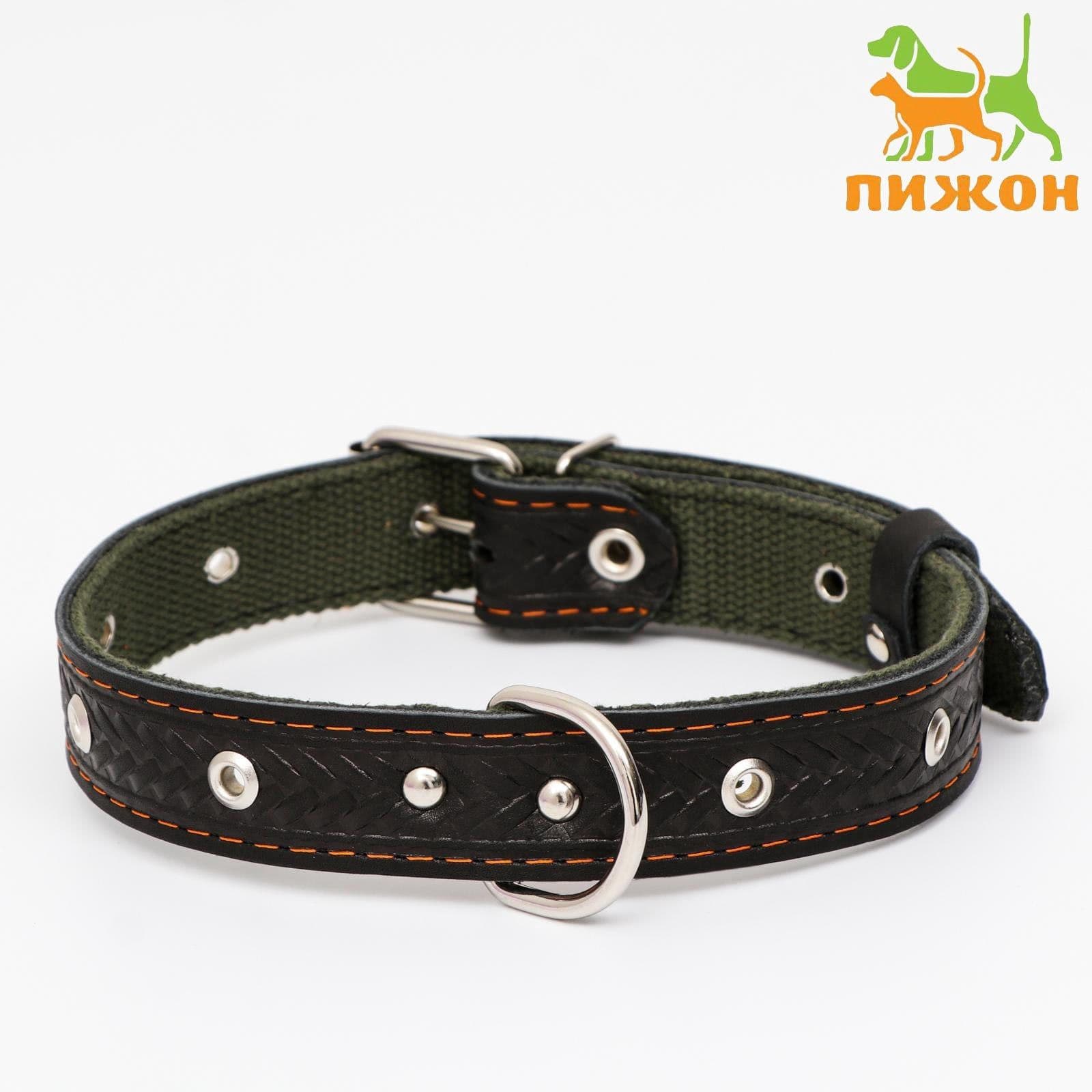 Ошейник комбинированный безразмерный, кожа/брезент, 60*3 см, ОШ 30-57 см, чёрный/зелёный