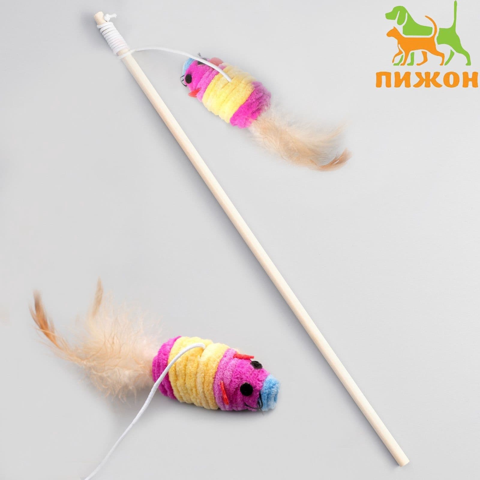 Дразнилка с махровой мышкой (7 см) на деревянной палочке, 40 см, микс цветов