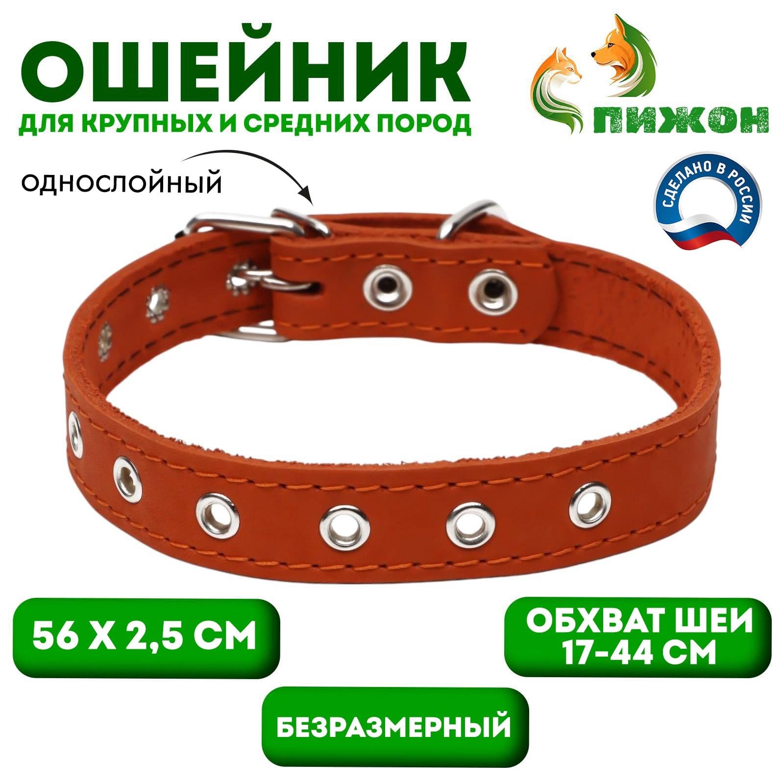 Ошейник кожаный однослойный, безразмерный, 56*2.5 см, оранжевый