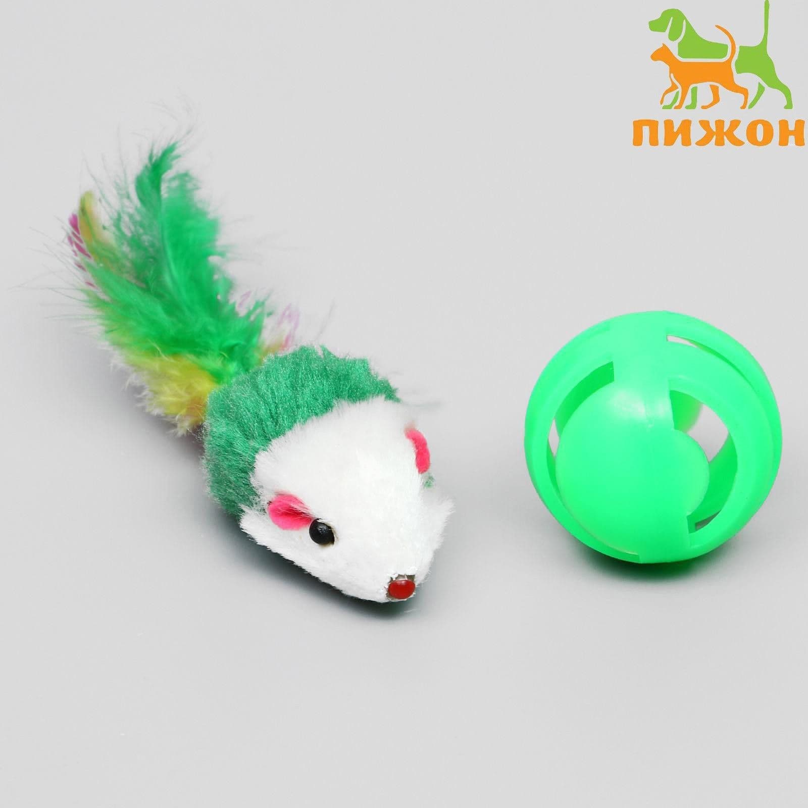 Набор игрушек для кошек: мышь 5 см и шарик с бубенчиком 3,8 см.