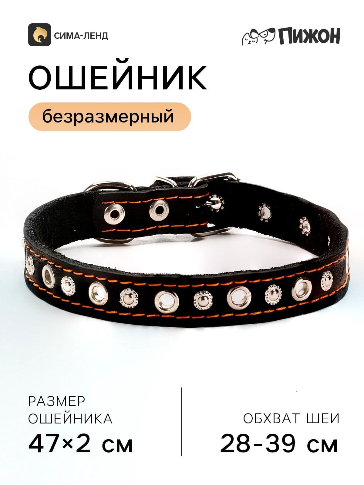 Ошейник кожаный на синтепоне украшенный, безразмерный, 47 2 см, ОШ 28-39 см, чёрный
