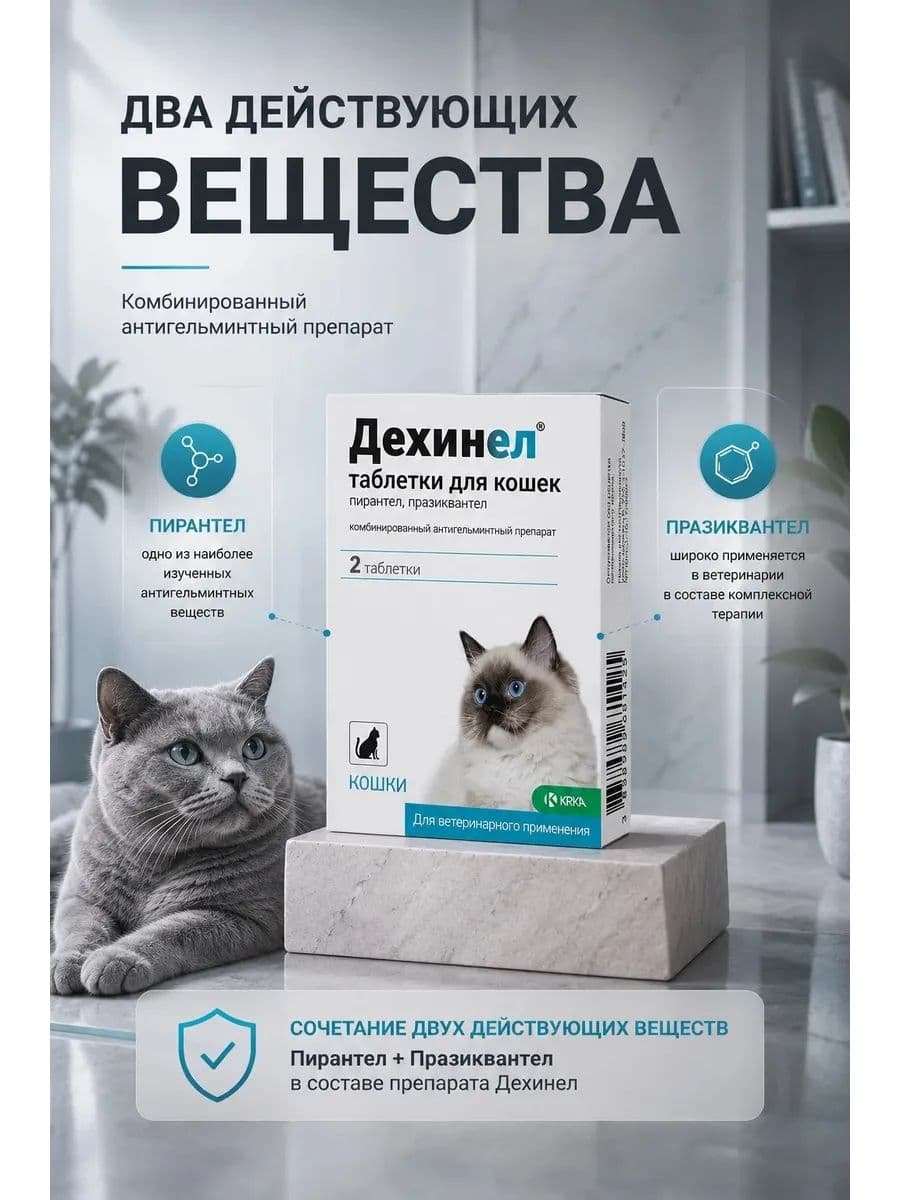 Дехинел таблетки для кошек 230мг/20мг №2, 2 шт