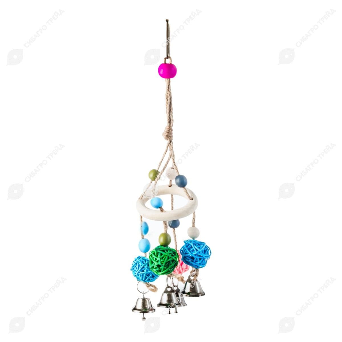 Игрушка WOGY для птиц 30*6*6см составная на джут.нитке с шариками из ротанга и колокольч