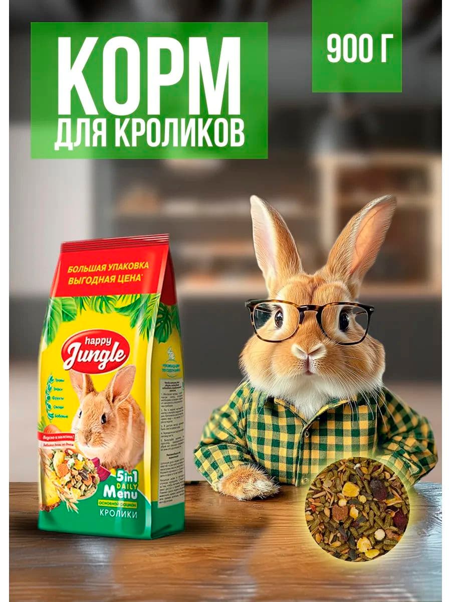 Корм зерновой для кроликов HAPPY JUNGLE, 900 г