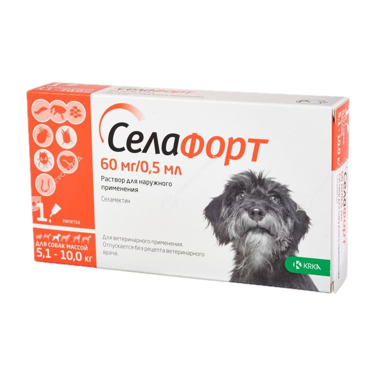 Селафорт капли на холку от блох и клещей для собак массой 5,1 10 кг, 1 пипетка 60 мг / 0,5 мл
