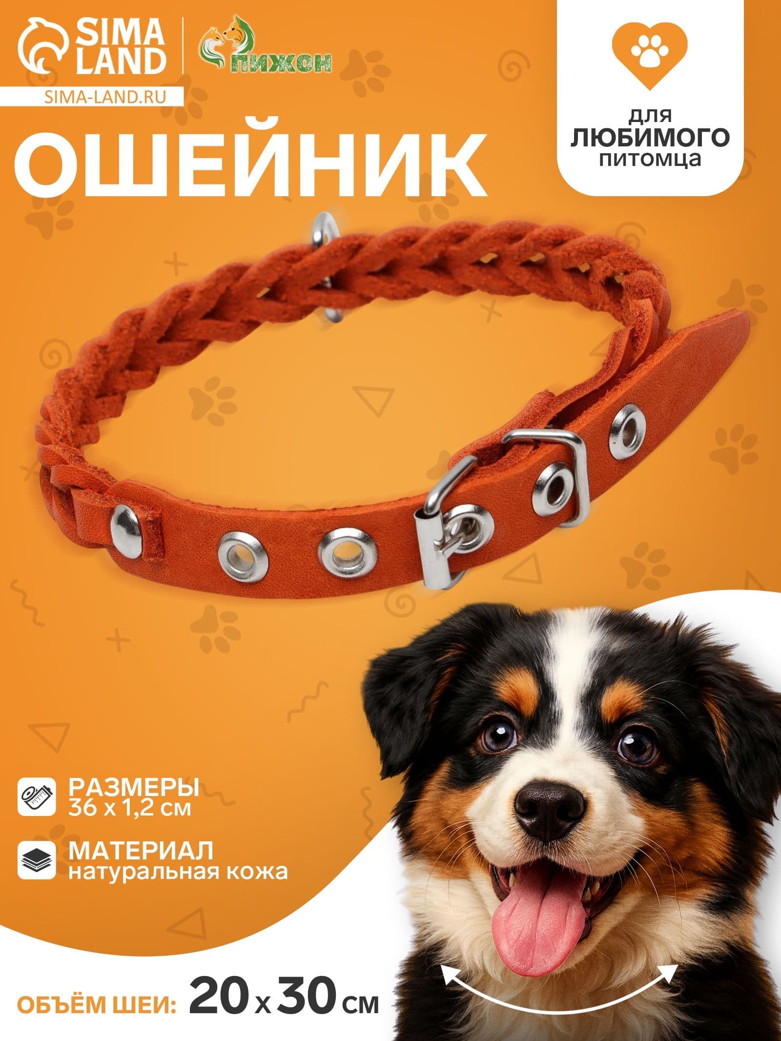 Ошейник кожаный плетеный для собаки, ОШ 20-30 см