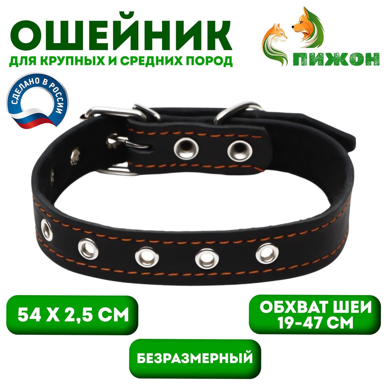 Ошейник кожаный на синтепоне, безразмерный, 54 х 2,5 см, ОШ 19-47 см, чёрный