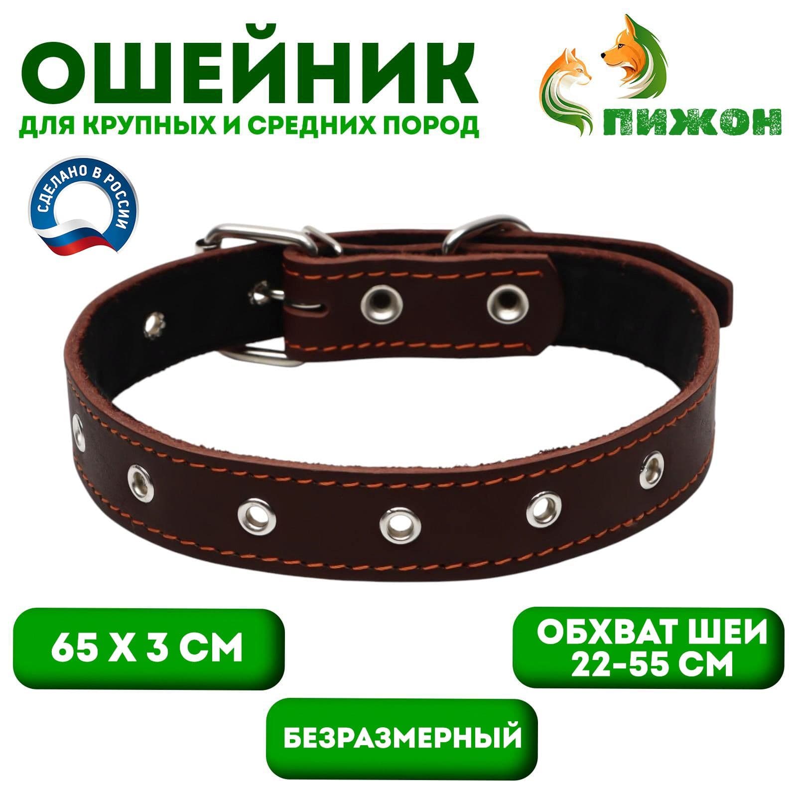 Кожаный ошейник для собаки, с подкладом, безразмерный, ОШ 22-55 см